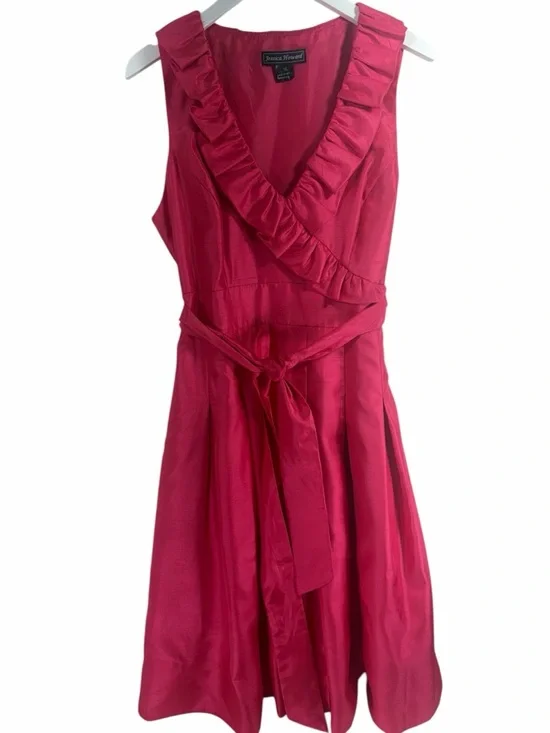 Jessica Howard Hot Pink Ruffled V-Neck Tie-Waist Dress size 12 - Picture 3 of 16